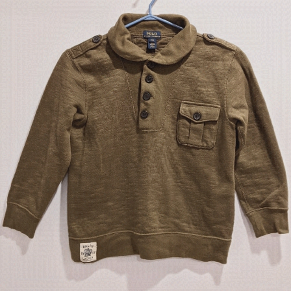 2/$20 Polo Ralph Lauren Military Style Army Green Sweatshirt sz 8 Shawl Collar